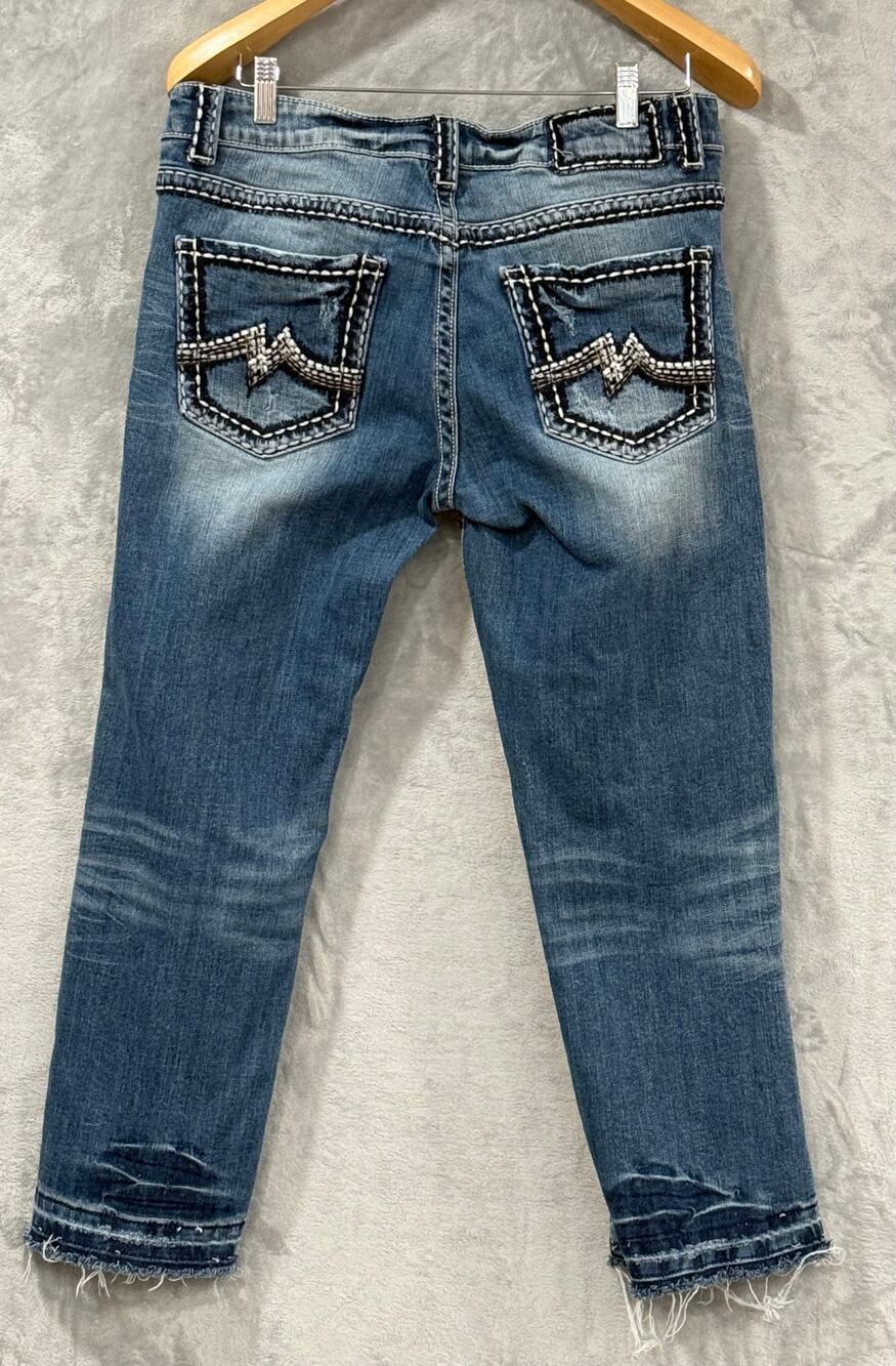 Y2K Miss Me Boyfriend Jeans 30 Rhinestone Distressed Denim Cropped Raw Hem